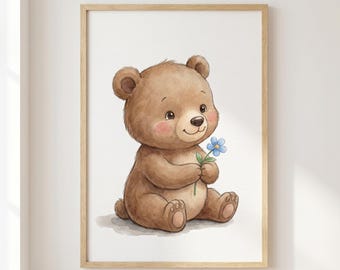 Decoración de pared para habitación infantil con osito bebé, póster de animales del bosque