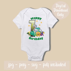 Dinosaure et ses amis 1er anniversaire-petit garçon joyeux anniversaire-téléchargement instantané-bricolage vêtements pour bébé-fer sur le transfert, t-shirts-pdf, jpeg, png et svg