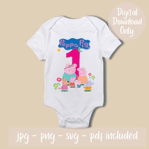 1er anniversaire de bébé fille Peppa Pigs-TÉLÉCHARGEMENT IMMÉDIAT-DIY-Daddy Pig,M. Éléphant, maman cochon, George, Kylie kangourou - fichiers Pdf, Jpeg, Png et Svg