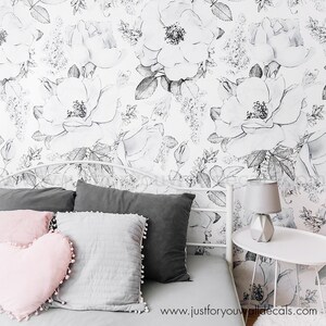 Black and White Floral Wallpaper, Rose Wallpaper, Peony Wallpaper, Nursery Wallpaper, Floral Wallpaper, Peel and Stick Removable 30-0022