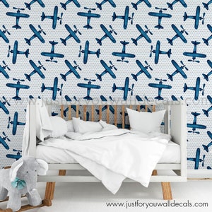 Airplane Peel and Stick Wallpaper, Boys Room Wallpaper, Airplane Wallpaper on Polka Dot Background, Boys Kids Room Wallpaper 34-0007