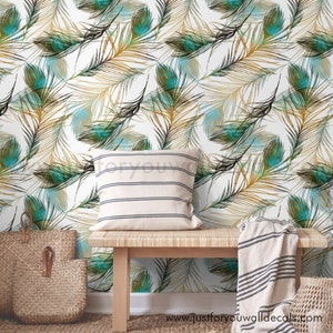 Peacock Feather Wallpaper, Bird Wallpaper, Removable Wallpaper, Feather Leaf Wallpaper, Bathroom Wallpaper, Laundry Room Wallpaper 32-0003