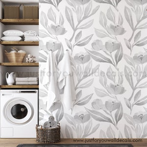 Floral Wallpaper, Rose Black and White Flower Wallpaper, Nursery Wallpaper, Kids Wallpaper, Peel and Stick Removable Wallpaper, 30-0023