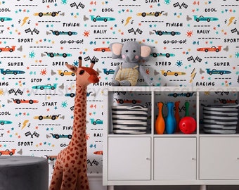 Race Car Peel and Stick Wallpaper, Boy Nursery Wallpaper, Removable Wallpaper, Toddler Boys Room Wallpaper, Car Wallpaper 34-0008
