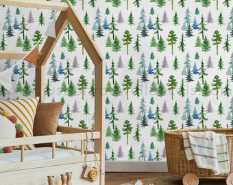 Watercolor pine tree pattern wallpaper in soft greens, blues, and purples. Tree Nursery Wallpaper, Kids Removable Wallpaper 28-0003