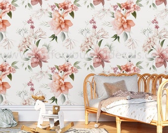 May include: A floral wallpaper with a repeating pattern of pink and white flowers on a white background. The wallpaper is shown in a room with a wooden bed and a rocking horse.