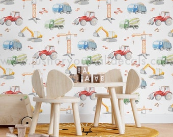 Peel and Stick Construction Wallpaper, Truck Tractor Wallpaper, Transportation Wallpaper, Nursery Wallpaper, Kids Boy Wallpaper 34-0005