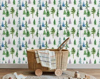 Delightful watercolor trees in serene pastels—ideal for nurseries, playrooms, or bedrooms. Woodland Nursery Wallpaper Peel and Stick 28-0003