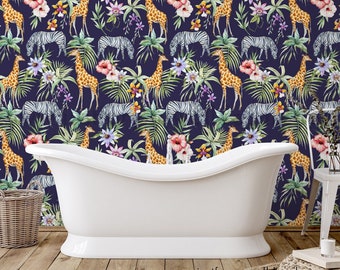 May include: A navy blue wallpaper with a repeating pattern of giraffes, zebras, and tropical leaves. The wallpaper is shown in a bathroom setting with a white bathtub.