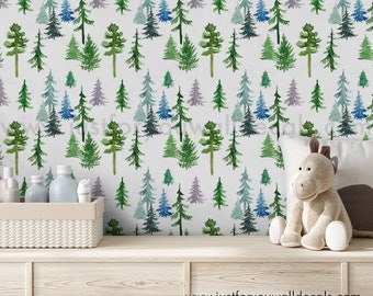 Woodland wallpaper, Nursery tree wallpaper, Watercolor pine trees, Forest nursery décor, Cute Wallpaper for Nursery, Tree Wallpaper 28-0003