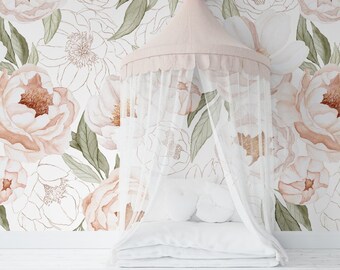 Nursery Wallpaper, Floral Wallpaper, Peony wallpaper, Removable wallpaper, Pink White Floral Wallpaper, Peel and Stick Wallpaper 30-0038