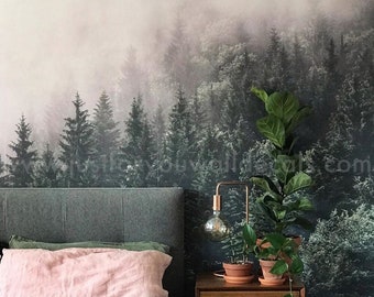 Misty pine forest mural wallpaper with layers of green trees fading into fog, Forest Mural Wallpaper, Misty Tree Removable Wallpaper 28-0002