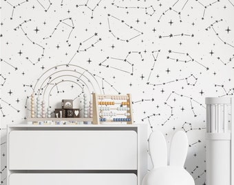 Star Wallpaper, Constellations Wallpaper, Black and White Wallpaper, Boy Nursery Wallpaper, Peel and Stick Wallpaper, Kids Wallpaper 29-0009