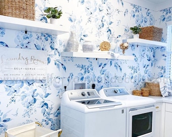 Laundry Room Wallpaper, Blue and White Floral Wallpaper, Peel and Stick Wallpaper, Vintage Floral Wallpaper, Blue Flower Wallpaper 30-0030