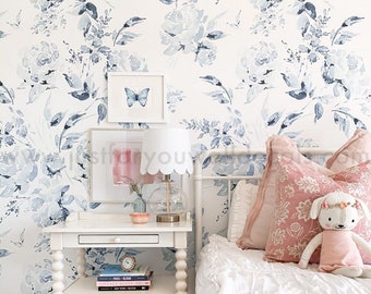 Blue and White Floral Wallpaper, Peel and Stick Wallpaper, Floral Wallpaper, Nursery Wallpaper Girl, Blue Flower Wallpaper 30-0030