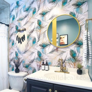 Bathroom Wallpaper, Peacock Wallpaper, Powder Room Wallpaper, Bird Wallpaper, Feather Peel and Stick Wallpaper, Tropical Wallpaper 32-0003