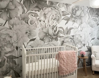 Nursery Wallpaper, Floral Wallpaper, Peony wallpaper, Removable wallpaper, Black White Floral Wallpaper, Peel and Stick Wallpaper 30-0001