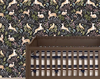 Woodland Wallpaper, Animal Wallpaper, Nursery Wallpaper, Deer Rabbit Bird Wallpaper, Wallpaper for Boys, Forest Wallpaper 33-0021
