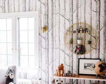 Elegant birch tree forest wallpaper with detailed branches in a forest-inspired design, Black and White Wallpaper, Nursery Wallpaper 28-0008