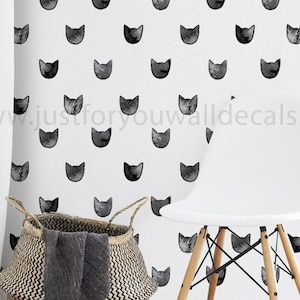 Black and White Animal Wallpaper, Cat Wallpaper, Removable Wallpaper, Girls Room Animal Wallpaper, Cat Silhouette Wallpaper  33-0027