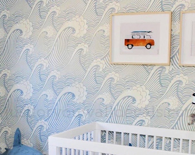 Wave Wallpaper Peel and Stick | Pink Blue Ocean Waves Wall Mural - Etsy ...