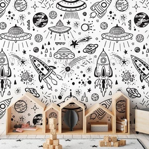 Rocket Spaceship Wallpaper Nursery Wallpaper, Boys Room Wallpaper, Removable wallpaper, Nursery Kids Room, Nursery Wallpaper Boy 29-0010