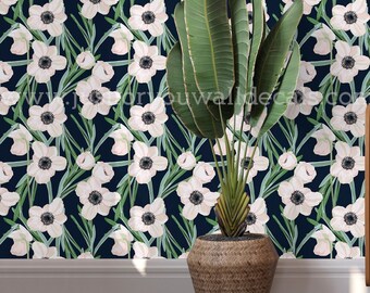 Black Rose Wallpaper, Botanical Wallpaper Black and White, Floral Mural, Black Floral Wallpaper, Retro Floral Wallpaper, Removable 30-0033