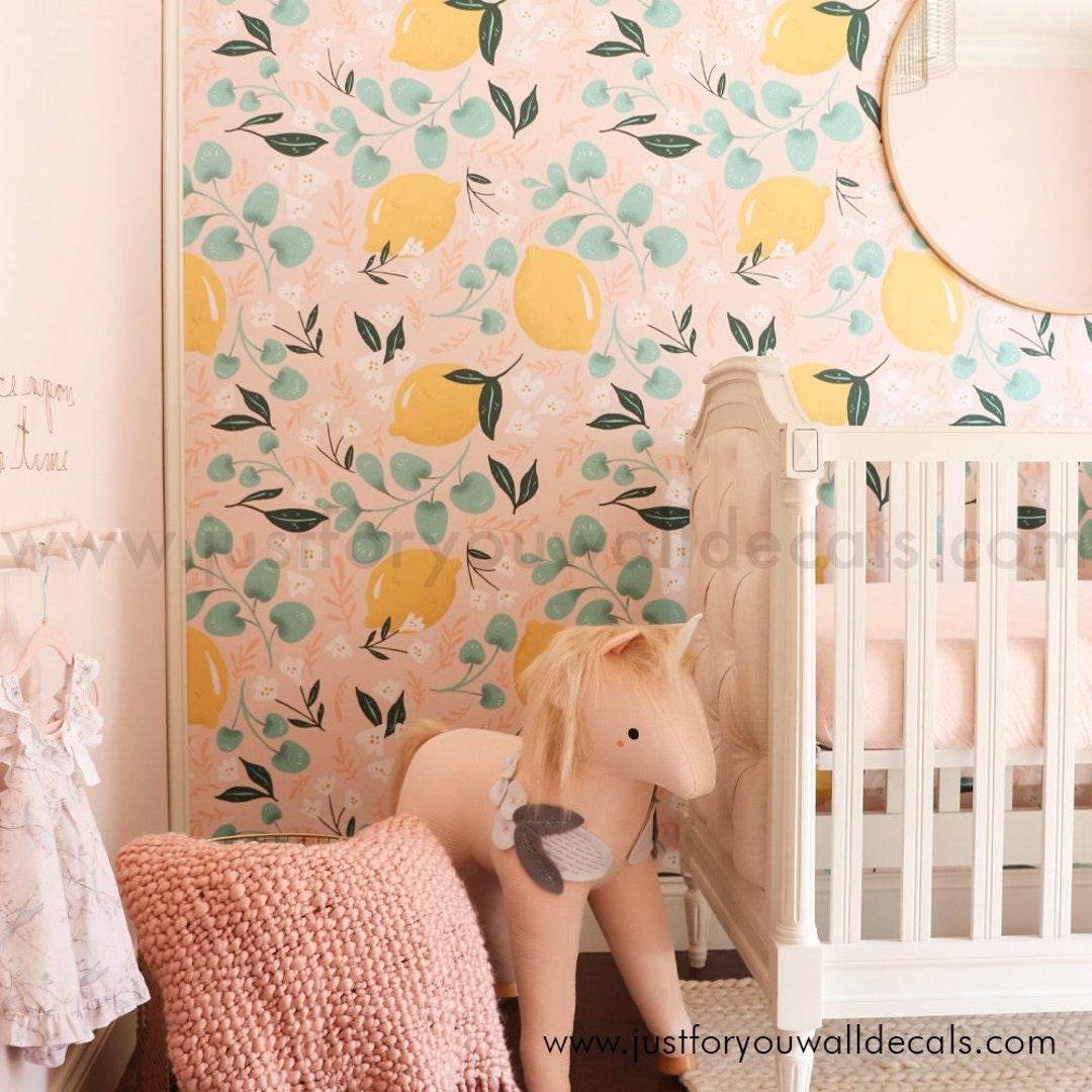 Lemon Wallpaper, Pink Lemon Wallpaper, Lemon Peel and Stick Wallpaper