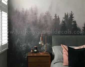 Misty pine forest mural wallpaper with layers of green trees fading into fog. Foggy Forest Wallpaper, Woodland Forest Wall Mural 28-0002