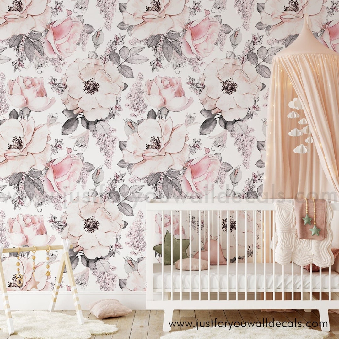 Nursery Wallpaper, Floral Wallpaper, Snowy Rose Wallpaper, Pink Floral ...