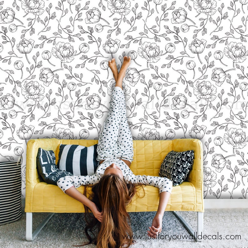 Baby Girl Wallpaper Wallpaper 30-0009 Girl Wallpaper Black Floral Wallpaper Floral Wallpaper Black and White Wallpaper Peony Wallpaper