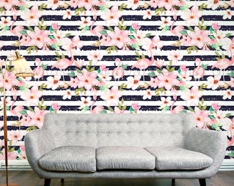 Floral Flamingo Wallpaper, Flamingo Peel and Stick Wallpaper, Bathroom Wallpaper, Bold Fun Modern Wallpaper, Removable Wallpaper 33-0025