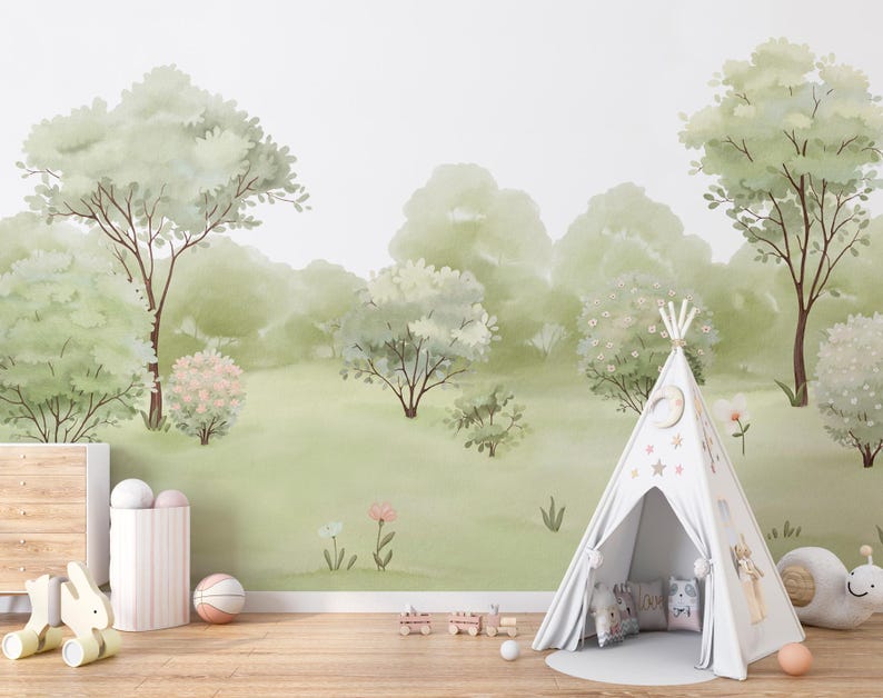 Whimsical Green Forest Tree Wallpaper Mural, Peel and Stick Wallpaper ...