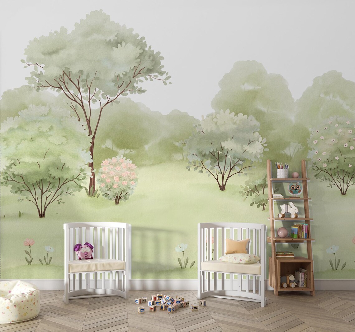 Whimsical Green Forest Tree Wallpaper Mural, Peel and Stick Wallpaper ...