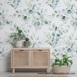 Eucalyptus wallpaper, Botanical wall décor, Greenery wallpaper, Watercolor leaves wallpaper, Removable botanical wallpaper, Soft green wallpaper, Nursery plant wallpaper, Nature-inspired décor, Serene home wallpaper, Leaf pattern wallpaper