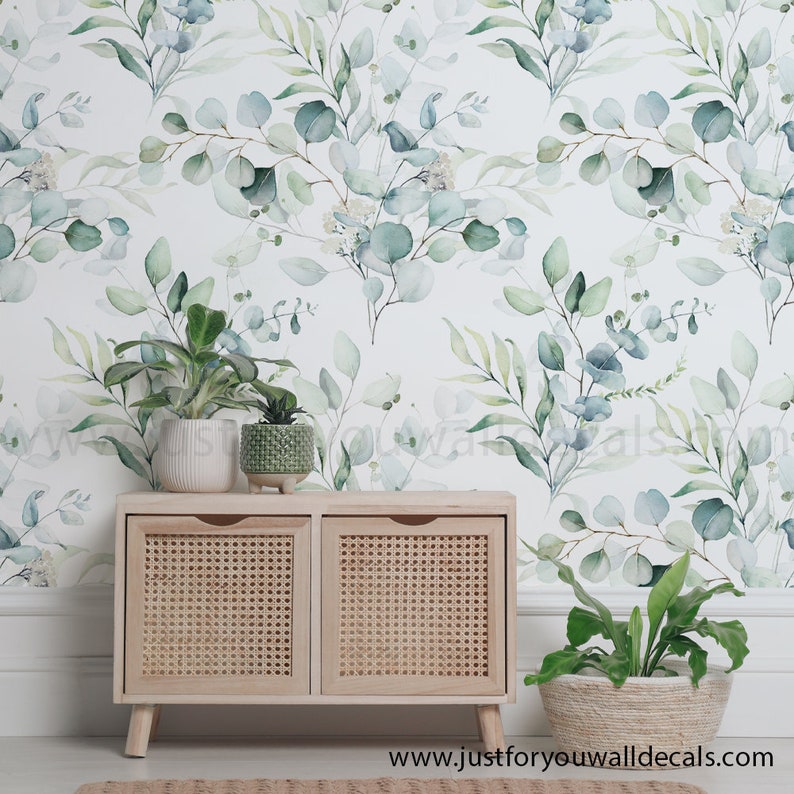 Eucalyptus wallpaper, Botanical wall décor, Greenery wallpaper, Watercolor leaves wallpaper, Removable botanical wallpaper, Soft green wallpaper, Nursery plant wallpaper, Nature-inspired décor, Serene home wallpaper, Leaf pattern wallpaper