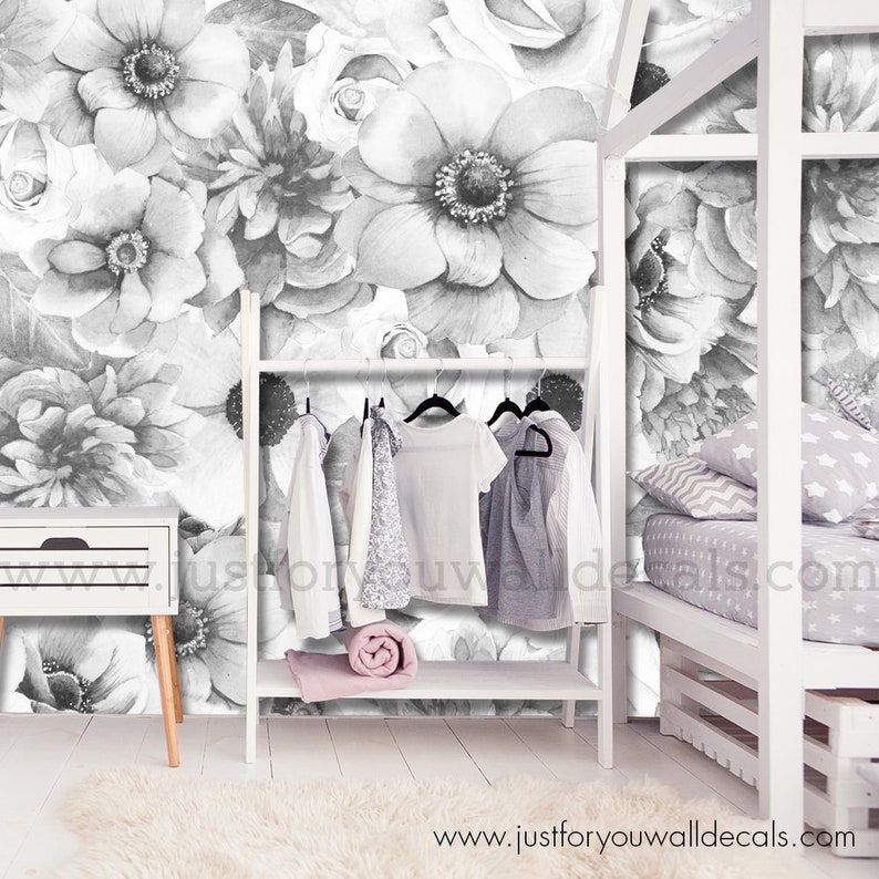Nursery Wallpaper Girl Room Wallpaper Girl Nursery wallpaper Floral Wallpaper Black White Peony Wallpaper 26-4001 Girl wallpaper