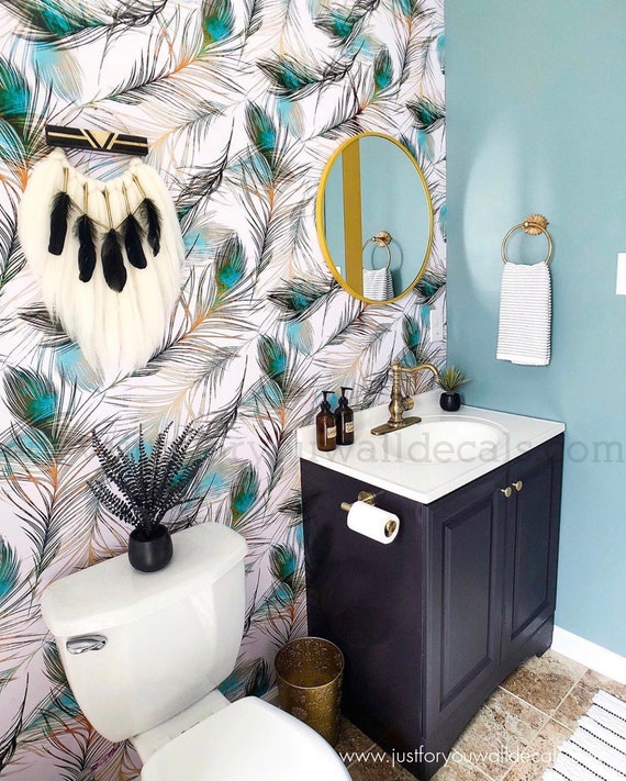 Peacock Feather Removable Wallpaper Bird Wallpaper Bathroom - Etsy Peacock Feather Removable Wallpaper Bird Wallpaper Bathroom - Etsy