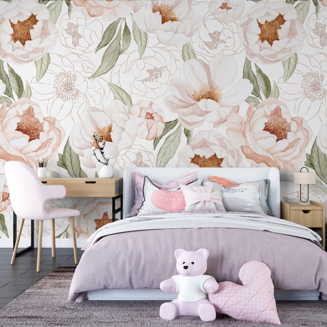 Floral Wallpaper Peony Wallpaper Girls Room Removable Wallpaper Girl 