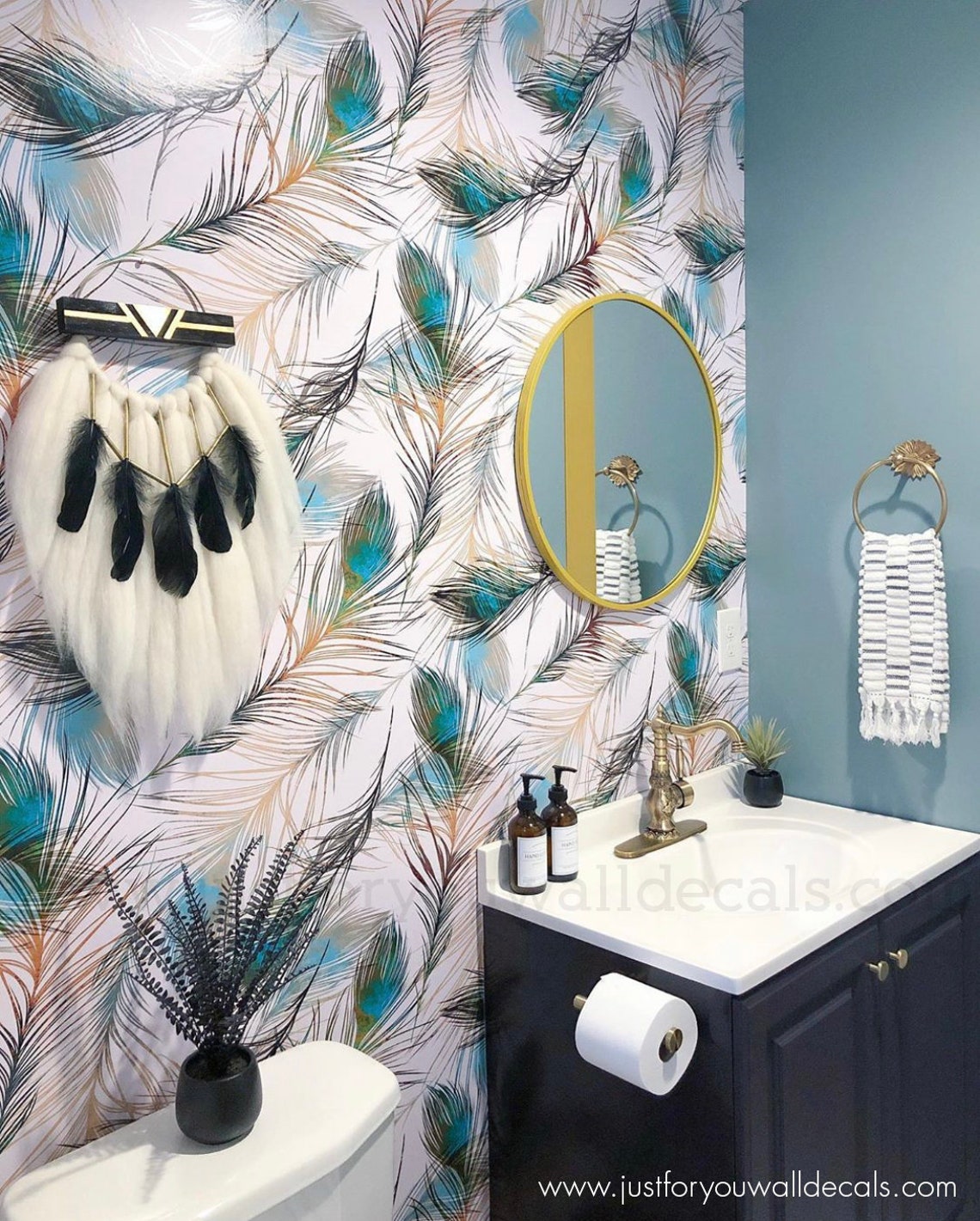 Peacock Feather Removable Wallpaper, Bird Wallpaper, Bathroom Powder ...