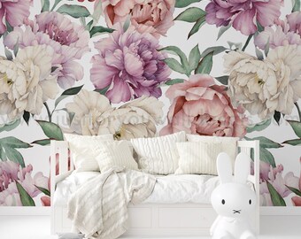 Floral Wallpaper, Peony wallpaper, Pink Purple White Floral Wallpaper, Girl Nursery Wallpaper, Vintage Floral Wallpaper, Peel Stick 30-0015