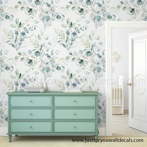 Eucalyptus wallpaper, Botanical wall décor, Greenery wallpaper, Watercolor leaves wallpaper, Removable botanical wallpaper, Soft green wallpaper, Nursery plant wallpaper, Nature-inspired décor, Serene home wallpaper, Leaf pattern wallpaper