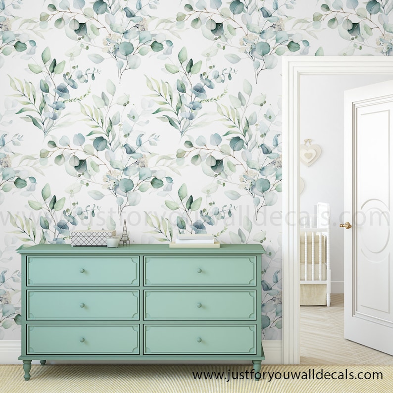 Eucalyptus wallpaper, Botanical wall décor, Greenery wallpaper, Watercolor leaves wallpaper, Removable botanical wallpaper, Soft green wallpaper, Nursery plant wallpaper, Nature-inspired décor, Serene home wallpaper, Leaf pattern wallpaper