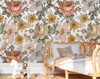 Floral Wallpaper, Vintage Floral Wallpaper, Wildflower Wallpaper, Nursery Wallpaper, Girl Nursery Wallpaper, Removable Wallpaper 30-0011