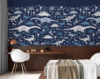 Dinosaur Wallpaper, Dinosaur Peel and Stick Removable Wallpaper, Blue Wallpaper, Boys Room Wallpaper, Baby Boy Wallpaper Mural 33-0034