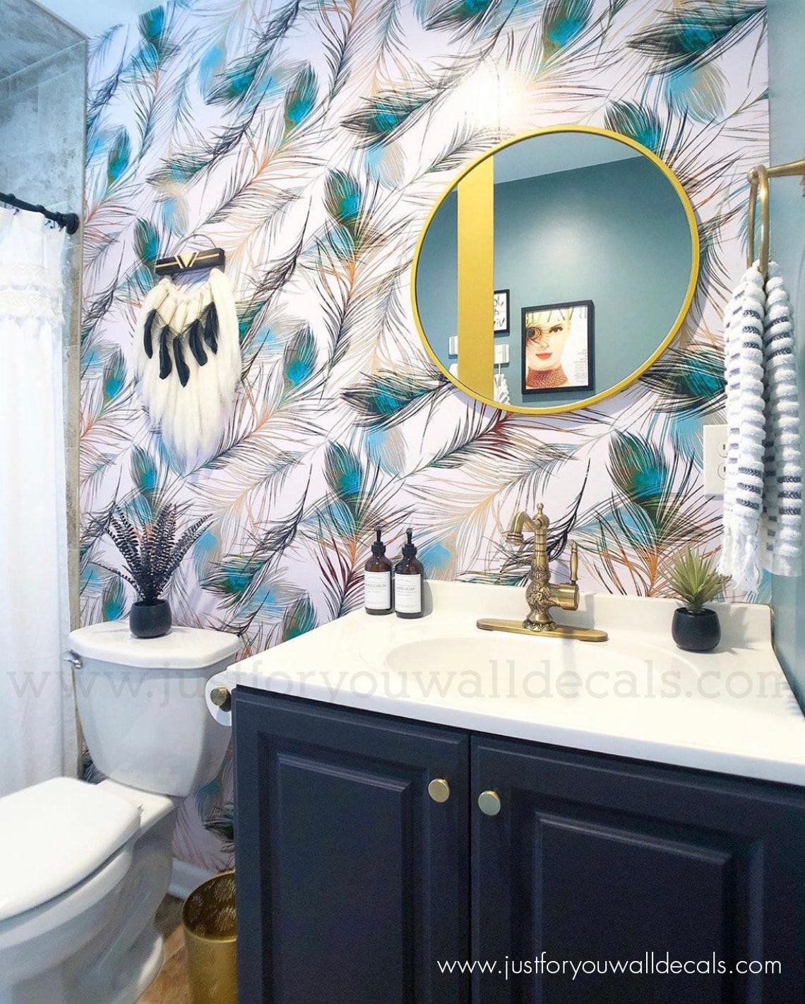 Peacock Feather Removable Wallpaper, Bird Wallpaper, Bathroom Powder ...