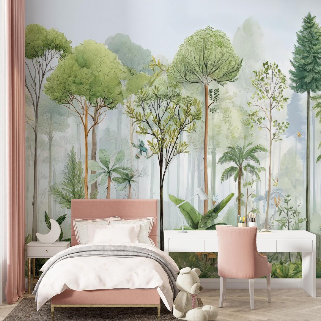 Girls Room Forest Tree Wallpaper Mural, Woodland Trees Wall Decor ...