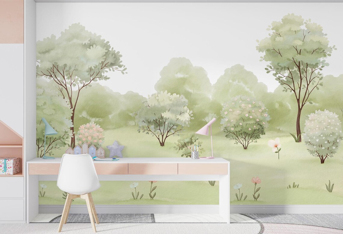 Whimsical Green Forest Tree Wallpaper Mural, Peel and Stick Wallpaper ...