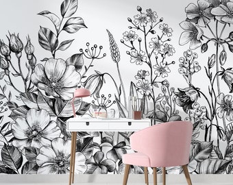 Nursery Wallpaper, Floral Wallpaper, Peony wallpaper, Removable wallpaper, Black White Floral Wallpaper, Peel and Stick Wallpaper 30-0039