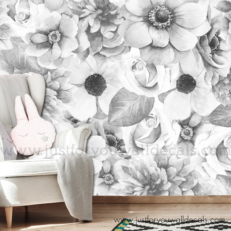 Nursery Wallpaper Girl Room Wallpaper Girl Nursery wallpaper Floral Wallpaper Black White Peony Wallpaper 26-4001 Girl wallpaper